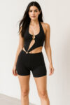 Black Fitness Bodysuit with Metallic Rings