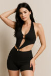 Black Fitness Bodysuit with Metallic Rings