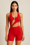 Red Fitness Bodysuit with Metallic Rings
