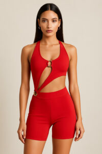 Red Fitness Bodysuit with Metallic Rings