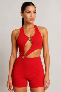 Red Fitness Bodysuit with Metallic Rings